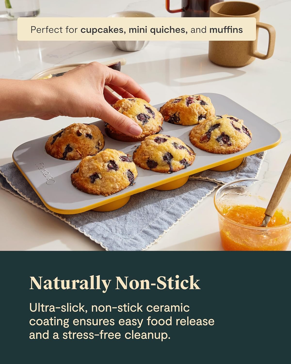 Caraway Nonstick Ceramic 6 Cup Muffin Pan – Non-Toxic, PTFE & PFOA Free – Oven Safe – Aluminized Steel Core – Small Muffin Pan for Baking Cupcakes, Muffins & More - Slate