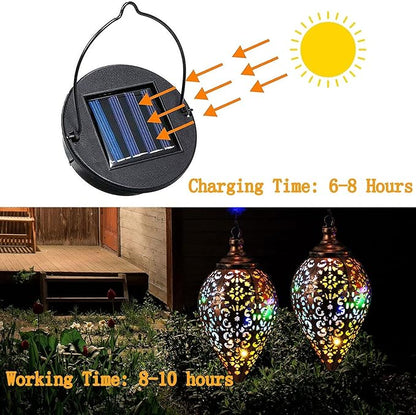 2 Pack Hanging Solar Lanterns, Colorful LED Outdoor Lights, Retro Metal Waterproof Lanterns for Garden Patio Yard Decor