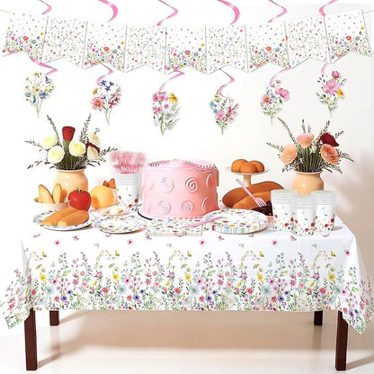 152 Pcs Spring Wildflower Party Decorations Include Plates, Napkins, Cups, Banner, Tablecloth for Floral Birthday Wedding Baby Shower Party, Serve 24