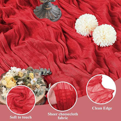 Asee'm 2PCS Easter Table Runner Cheesecloth 10FT Red Boho Gauze Fabric Rustic Sheer Cheese Cloth Runners for Valentine's Day Wedding Bridal Shower Party