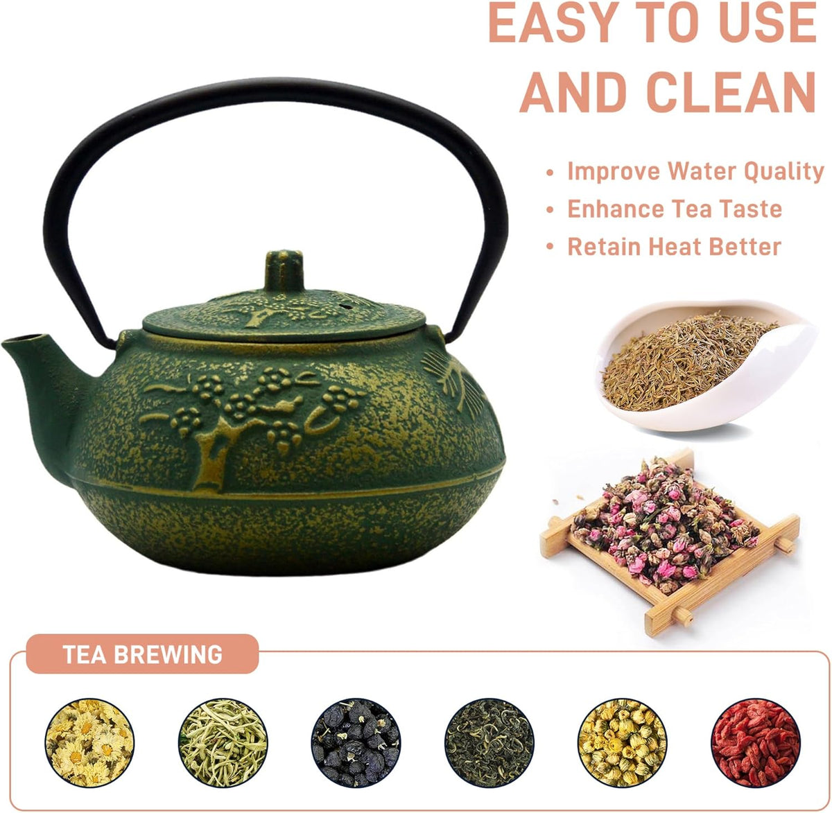 900ml Small Cast Iron Tea Kettle, SECHUDO Teapot Coated with Enameled Interior for Stovetop, Japanese Green Tea Pot with Stainless Steel Strainer for Loose Leaf, Pine,Bamboo and Plum Pattern(30.4oz)