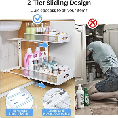 Under Sink Organizer, 2 Pack 2 Tier Pull Out Under Cabinet Organizer Shelf with Pad for Framed Cabinets, Metal Slide Out Under Sink Storage, Mesh Sliding Drawers for Kitchen Bathroom Laundry, White