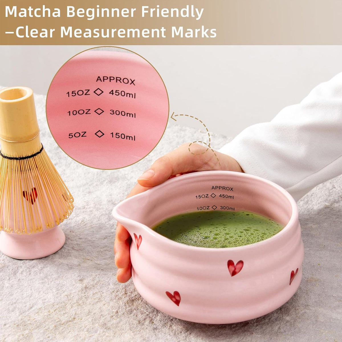 2pcs Matcha Bowl with Whisk Holder, Ceramic Pink Matcha Bowl with Spout, 16.5OZ Porcelain Bowl with Measurement Marks, Tea Mixing Bowl with Whisk Stand, Cute Matcha Gift Set (pink love)
