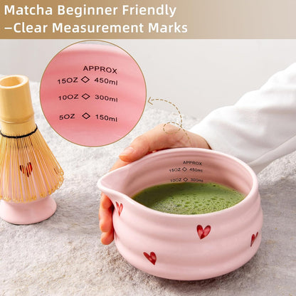 2pcs Matcha Bowl with Whisk Holder, Ceramic Pink Matcha Bowl with Spout, 16.5OZ Porcelain Bowl with Measurement Marks, Tea Mixing Bowl with Whisk Stand, Cute Matcha Gift Set (pink love)