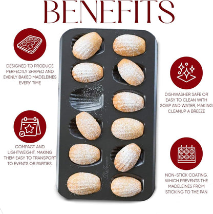 Bellemain Madeleine Pan | 12-Well Madeleine Mold Makes 12 Madeleine Cookies | Nonstick Tea Cake Pan for Madeleines, Cakelet Pan | Warp-Resistant Carbon Steel Madeline Pans (2-Pack)