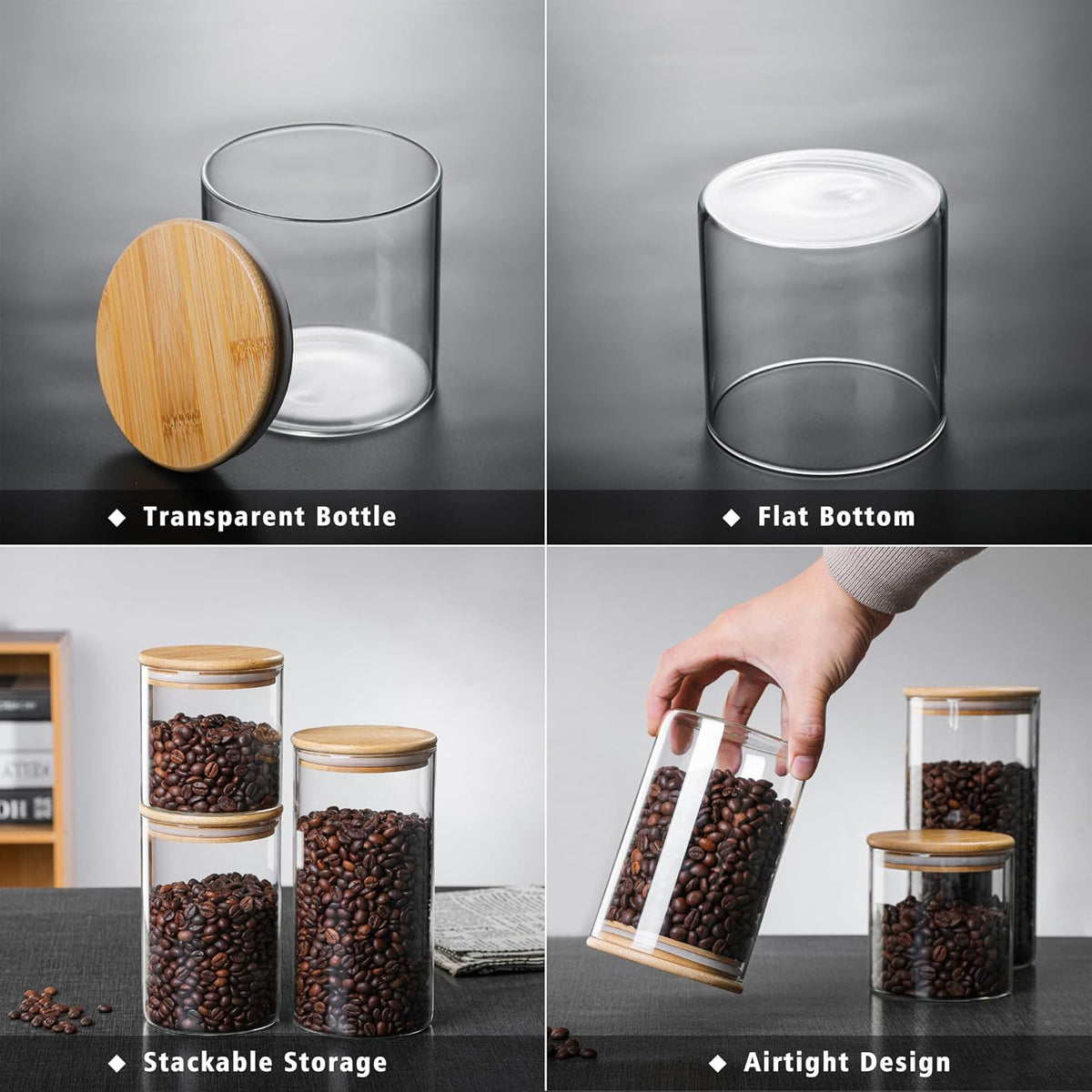Molfuj 960 ML / 32 FL Oz Glass Storage Container with Wood Lid, Stackable Clear Decorative Organizer Bottle Canister Pantry Jar with Air Tight Wooden