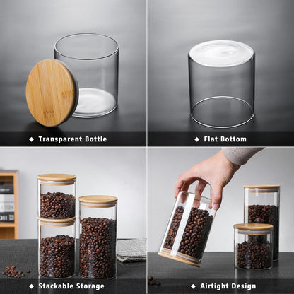 Molfuj 960 ML / 32 FL Oz Glass Storage Container with Wood Lid, Stackable Clear Decorative Organizer Bottle Canister Pantry Jar with Air Tight Wooden