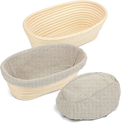 2PCS Banneton Bread Proofing Basket - 10 Inch Oval Banneton Basket and Linen Liner，Sourdough Bread Baking Supplies