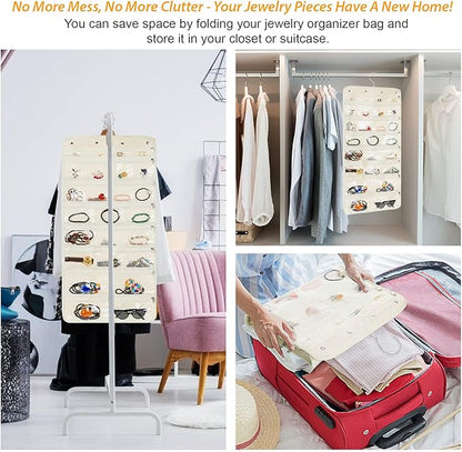 Hanging Jewelry Organizer with 50 Transparent Pockets, 360° Rotating Hanger & Secure Zipper Closure - Foldable Double Sided Jewelry Storage Bag for Earrings, Rings, Necklaces, Bracelets (Beige)