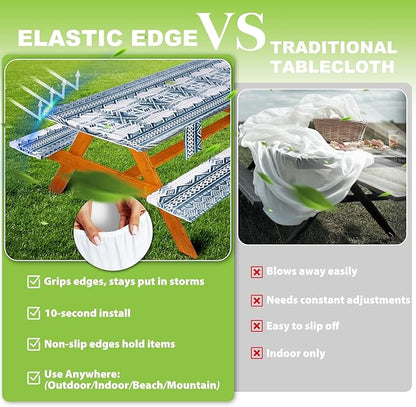 Fitted Picnic Table Cover with Bench Covers Waterproof Elastic Edges Rectangle Patio Tablecloth Outdoor Camping Essentials Stuff Rv Accessories Summer Trip Travel Camper Gifts for Woman Men, 72in 6 ft