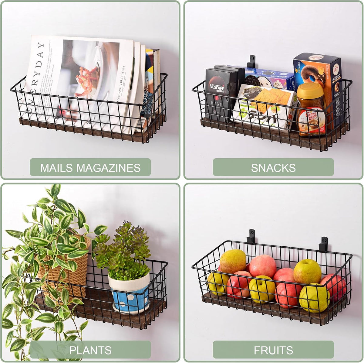 Wall Hanging Baskets 3 Pack, Extra Large Diversified Wire Basket Shelves of Wooden Style, with Wall Mounted Hooks & Traceless Stickers