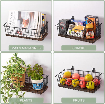 Wall Hanging Baskets 3 Pack, Extra Large Diversified Wire Basket Shelves of Wooden Style, with Wall Mounted Hooks & Traceless Stickers