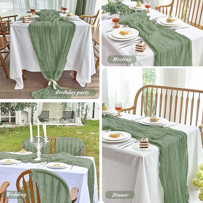 IVAPUPU 2 Pcs Cheesecloth Table Runner - 10ft Sage Green Boho Rustic Gauze Cheese Cloth Table Runner for Baby Shower Decorations Wedding Party Summer Garden Farmhouse Decor