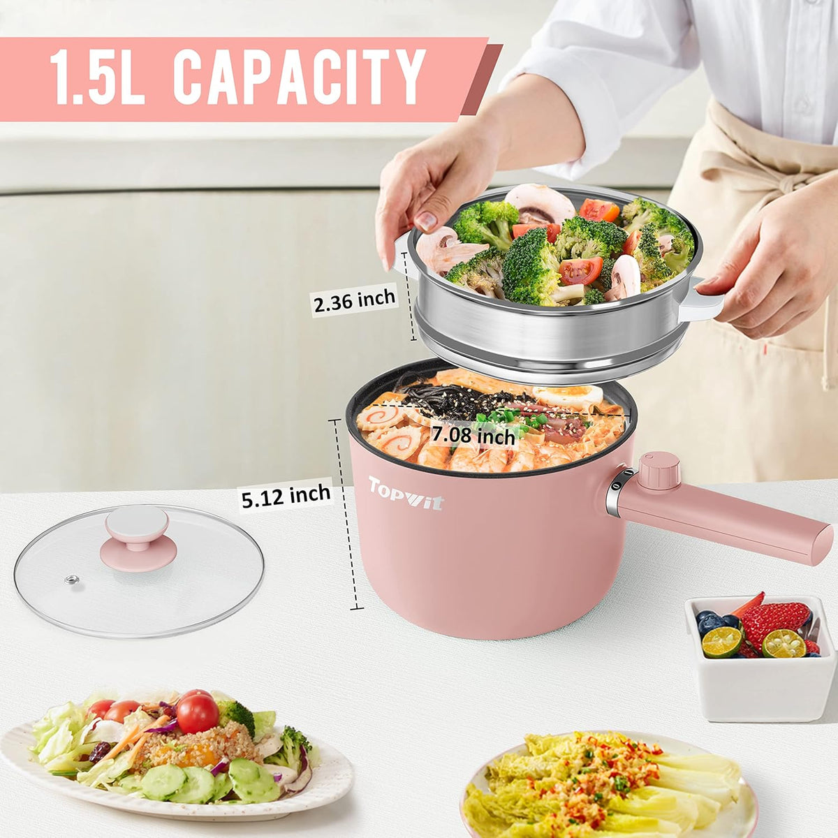 Topwit Hot Pot Electric with Steamer, 1.5L Ramen Cooker, Non-Stick Frying Pan, Electric Pot for Pasta, BPA Free, Electric Cooker with Dual Power Control, Over-Heating & Boil Dry Protection, Pink