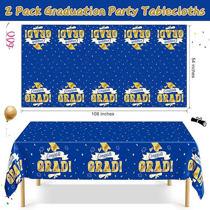 2Pack 2026 Graduation Decorations, 108" X 54" Graduation Tablecloth, Bluegold Disposable Table Cloths for Grad Party Favors Supplies, Rectangle Plastic Tablecover for Class 2026 Congrats Grad for Kids