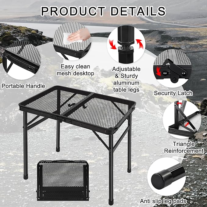 Grill Table Camping Table Portable Folding Table,Height Adjustable Collapsible with Mesh Desktop,Lightweight Metal Table for Camp, BBQ, Picnic, RV, Outdoor Cooking, Travel