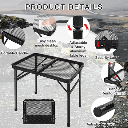 Grill Table Camping Table Portable Folding Table,Height Adjustable Collapsible with Mesh Desktop,Lightweight Metal Table for Camp, BBQ, Picnic, RV, Outdoor Cooking, Travel