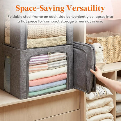 Lifewit Clothes Storage Bins with Metal Frame, Stackable Storage Box, Foldable Clothing Storage Bins with Lids, 100L Storage Bags Fabric Box Organizer with Clear Window＆ Zippers＆ Sturdy Handles 4 Pack