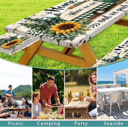 Picnic Table Cover with Bench Covers Camping Essentials Green Checkered RV Forest Sunflower Wooden Outdoor Table Covers with Elastic Waterproof Camping Tablecloth for Indoor & Outdoor 3 PCS 30x96 Inch