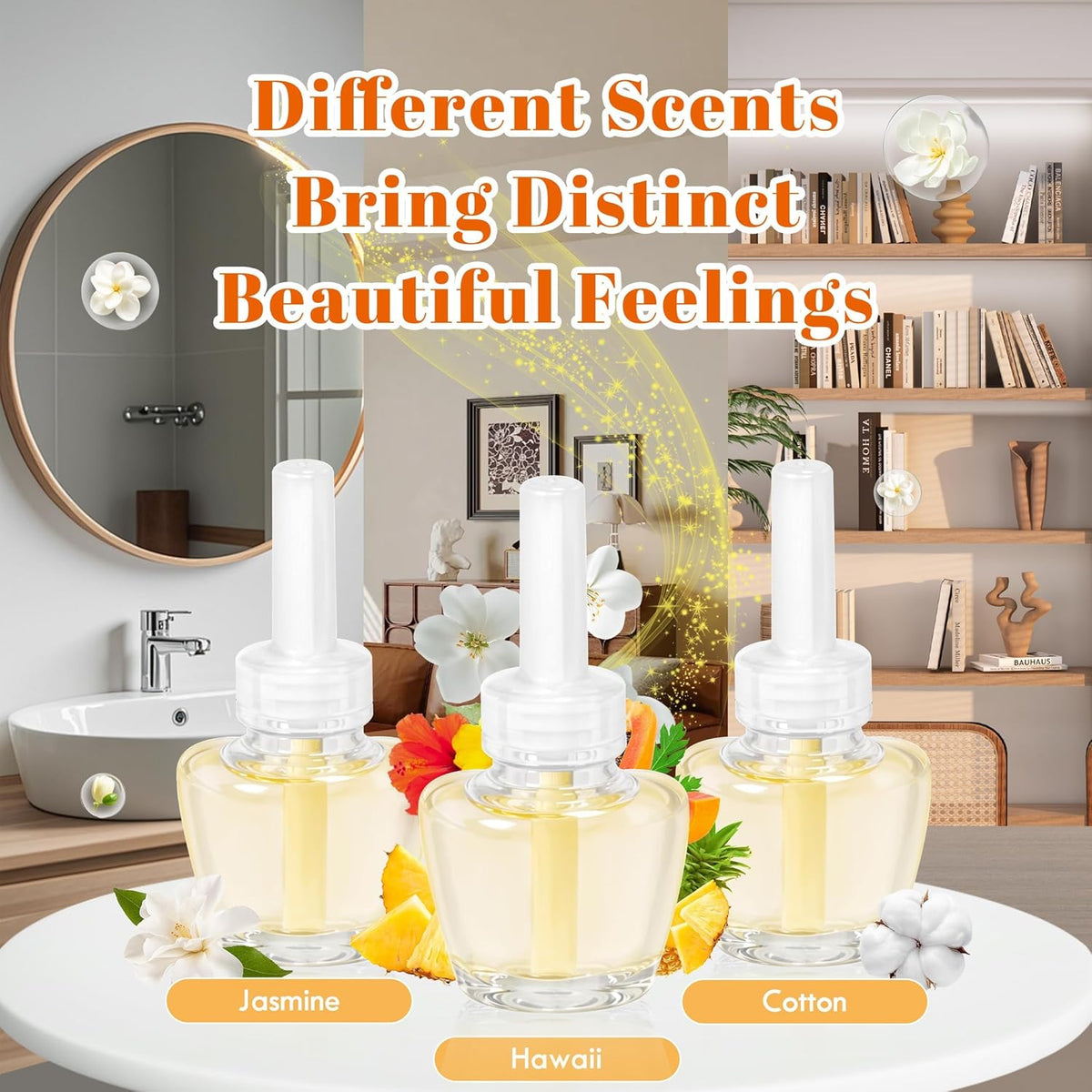 Plug-in Air Freshener Starter Kit, 1 Warmer and 9 Essential Oil Refills, Hawaiian, Jasmine, Cotton Scents for Home, Bathroom and Office, Compatible with Air Wick,Compatible with Glade