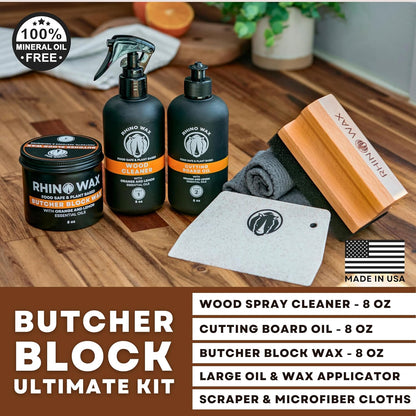 Butcher Block Ultimate Care Kit - Includes Cutting Board Oil, Wax, Wood Spray Cleaner, Bench Scraper, LG Applicator, 3 Cloths