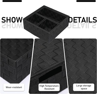 Storage Bins Woven Organizer Set of 7 – Polypropylene Storage Baskets with Metal Frame, Stackable Fabric Boxes for Drawers, Closet, Shelf, Nursery and Office, Black