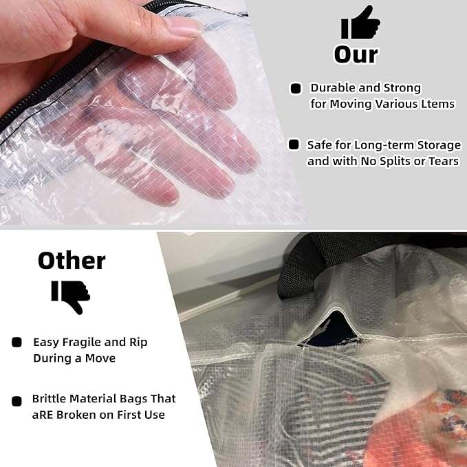 3 Pack Heavy Duty Moving Bags, Extra Large Clear Storage Bags with Zipper and Handles, Moving Boxes & Storage Bins Alternative, Packing Supplies, Moving Supplies for Dorm Room Essentials