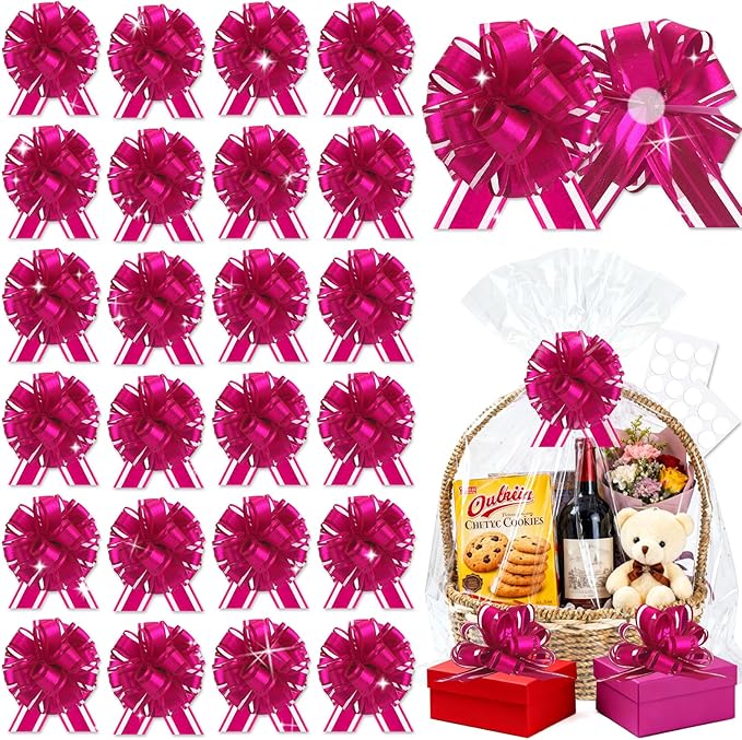 24 pcs Rose Pink Pull Bow for Gift Basket Wrapping Xmas Gift Bows Presents Wrap Ribbon Bow for Christmas Tree Bottles Bouquet Flower Valentine's Day Party Decor (Rose Pink-G)