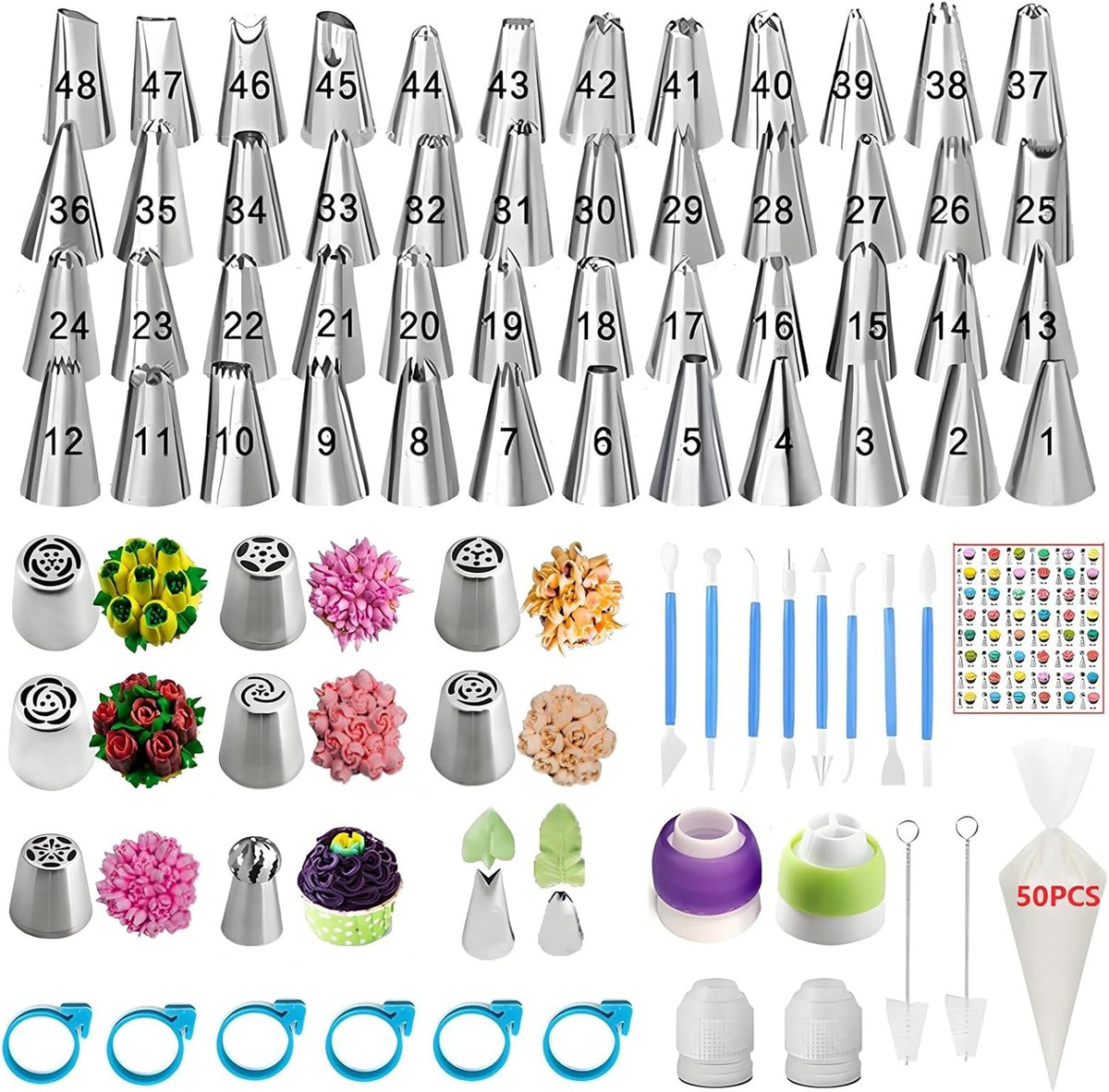 130 Pcs Piping Bags and Tips Set with 48 Numbered Icing Tips,7 Russian Tips,1 Ball Tip,2 Leaf Tips,Pattern Chart,8 Carved Pens,4 Couplers,6 Ties