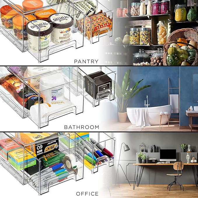 Sorbus Medium Clear Storage Drawers (4 Pack) – Stackable Organizer Drawers for Pantry, Kitchen, and Fridge – Pull-Out Acrylic Storage Bins with Handles