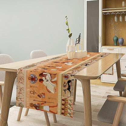 Ancient Table Runner, Mythology Egyptian Gods Pharaohs Antique Golden Hieroglyphs Print Pattern Table Runner for Dining Bedroom Kitchen Party Outdoor 13x120in