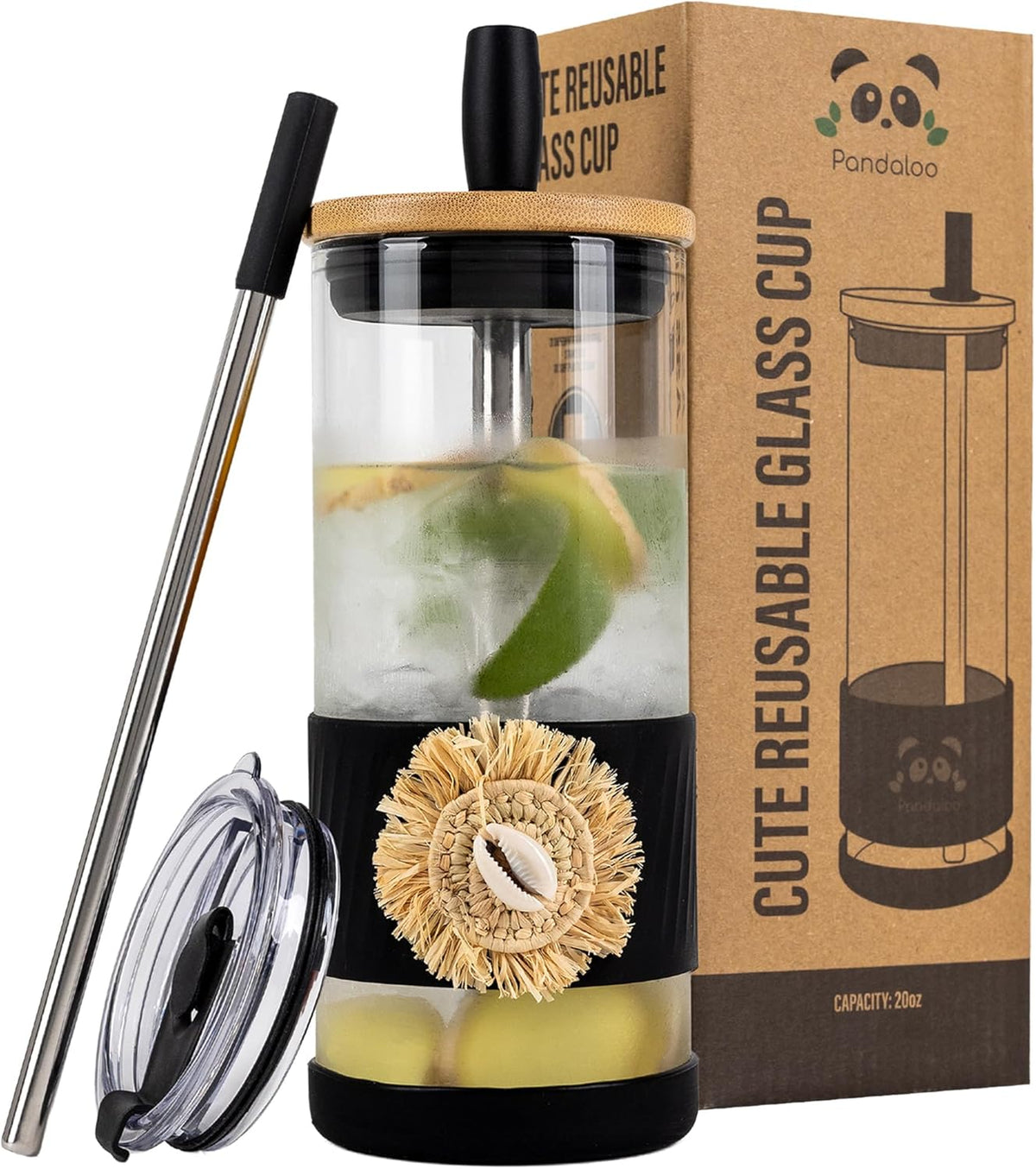 Pandaloo® Glass Cups With Lids and Straws -20 Fl Oz- Hand Made cool shell-raffia detail- Perfect Size Iced Coffee Cup - Smoothie Cup - BPA Free- (Ethnic-Chic Natural, 1 Count (Pack of 1))
