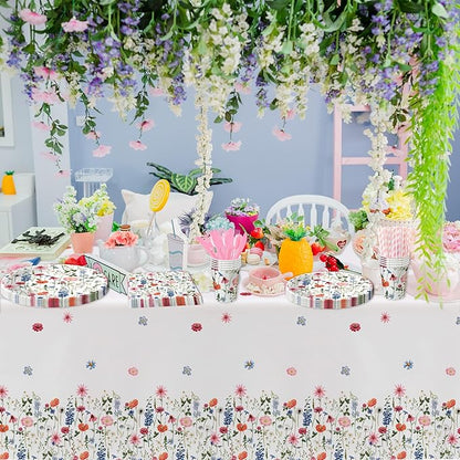 Floral Party Decorations Tableware, Spring Summer Flower Wildflower Party Supplies for Birthday Baby Shower, Paper Plate, Cup, Napkin, Tablecloth, Disposable Cutlery, Serves 24