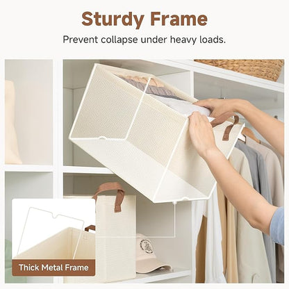 StorageWorks Storage Bins, Shelves Baskets for Organizing, Large Fabric Closet Organizers with Handles, Metal Frame, Beige-Texture, 2-Pack