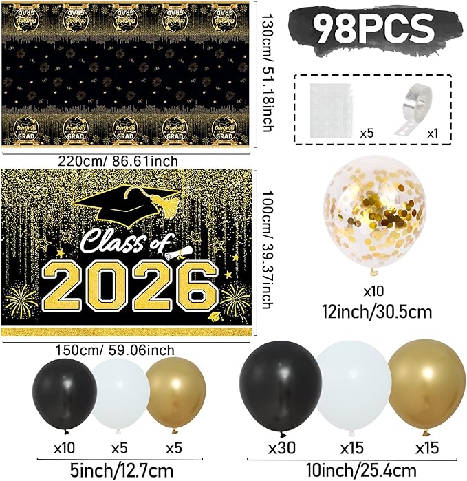 Graduation Decorations 2026, Black and Gold Balloon Garland Arch, Black and Gold Graduation Decorations with Congrats Grad Tablecloth and Class of 2026 Backdrop for High School College Grad Party