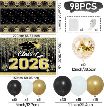 Graduation Decorations 2026, Black and Gold Balloon Garland Arch, Black and Gold Graduation Decorations with Congrats Grad Tablecloth and Class of 2026 Backdrop for High School College Grad Party