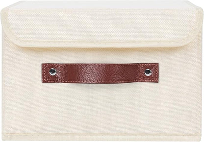 ANMINY 4PCS Storage Bins with Lid PU Leather Handles Storage Boxes PP Plastic Board Decorative Foldable Lidded Cotton Linen Fabric Home Cubes Baskets Closet Organizer Containers - Beige, Small Size