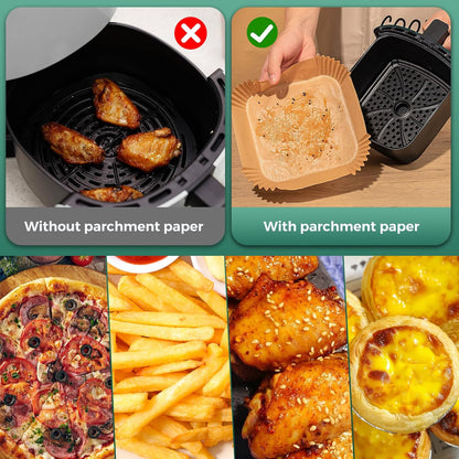 Air Fryer Paper Liners, 50 PCS Air Fryer Liners Disposable, 8" Square Baking Liner for 5-8 qt Airfryer Basket, Non-stick and Oil Proof Parchment Paper for Oven, Pans & Baking