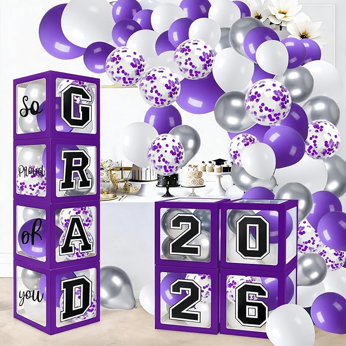 Graduation Decorations 2026 Graduation Party Decorations Set of 4 Boxes with 129pcs Balloons Arch Garland Kit Party Supplies for Any Grades Purple