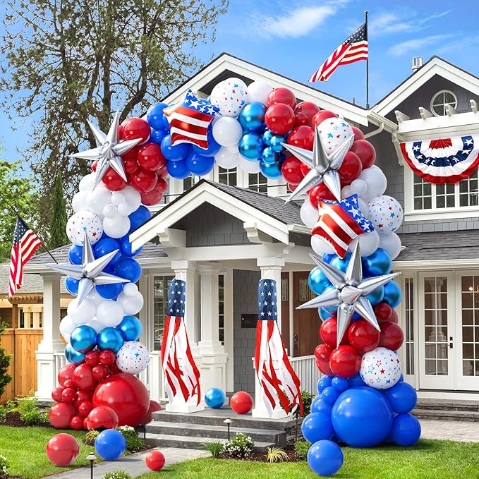 151pcs Red White and Blue Balloon Garland Arch Kit Patriotic Decorations with Exploding Star Balloons for Graduation Party Supplies Nautical Party Veterans Memorial Day 4th of July Baseball Party