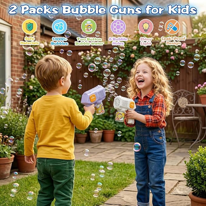 2-Pack Bubble Guns Automatic 10-Hole Bubble Maker with Lights Fun Toy for Kids & Pets Over 10,000 Bubbles Per Minute with Bubble Solution Ideal Gift for Birthdays/Parties/Weddings