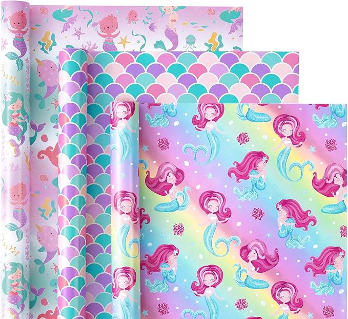 WRAPAHOLIC Mermaid Wrapping Paper Roll - 3 Short Roll - Birthday Wrapping Paper for Kids Girls Birthday, Mermaid Party, Baby Shower - 17 Inch x 120 Inch Per roll