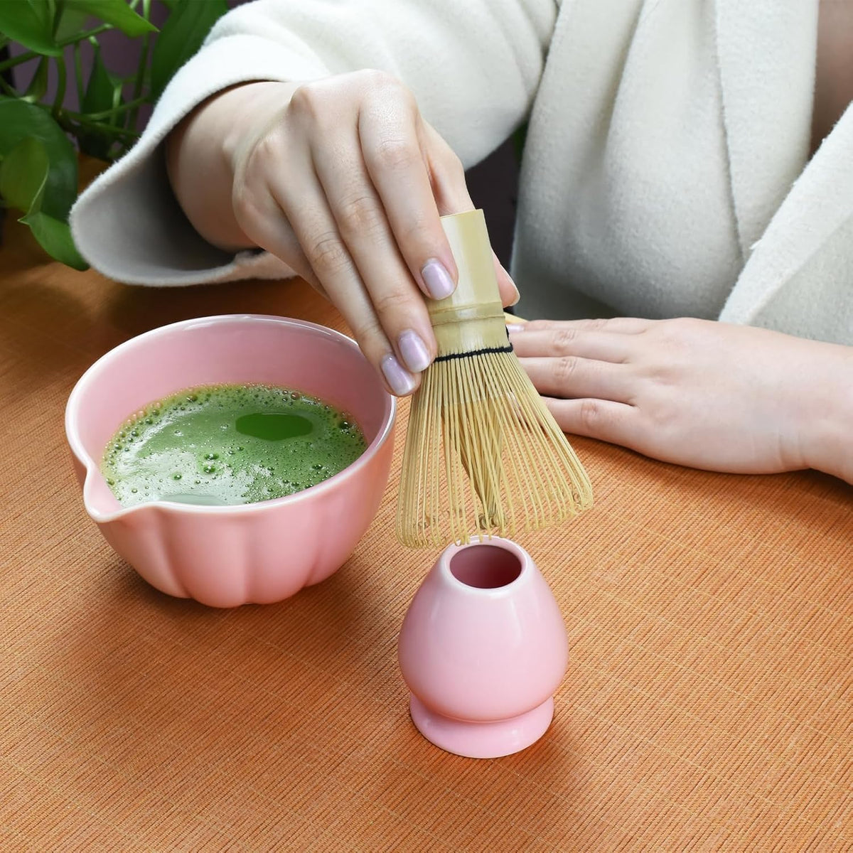 Artcome 7 Pcs Japanese Matcha Tea Set - Matcha Bowl with Pouring Spout, Matcha Whisk, Tea Scoop, Whisk Holder, Handmade Matcha Ceremony Kit For Japanese Tea Ceremony, Rose