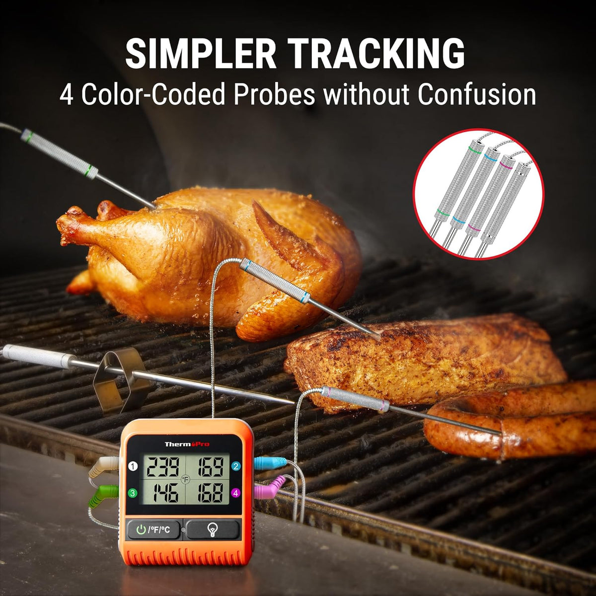 ThermoPro TP829 1000ft Wireless Meat Thermometer Digital for Grilling and Smoking, 4 Meat Probes Grill Thermometer for Outside Grill