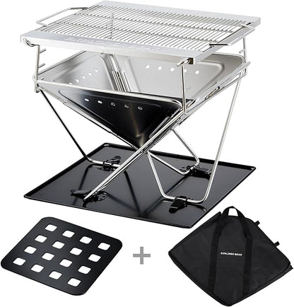 Explorer Bear 20" Stainless Steel Foldable Takibi Fire & Grill with Carrying Bag, Bridge, and Coal Bed | Portable Wood Burning Grill and Fire Pit | Perfect for Camping, Outdoors, Patios