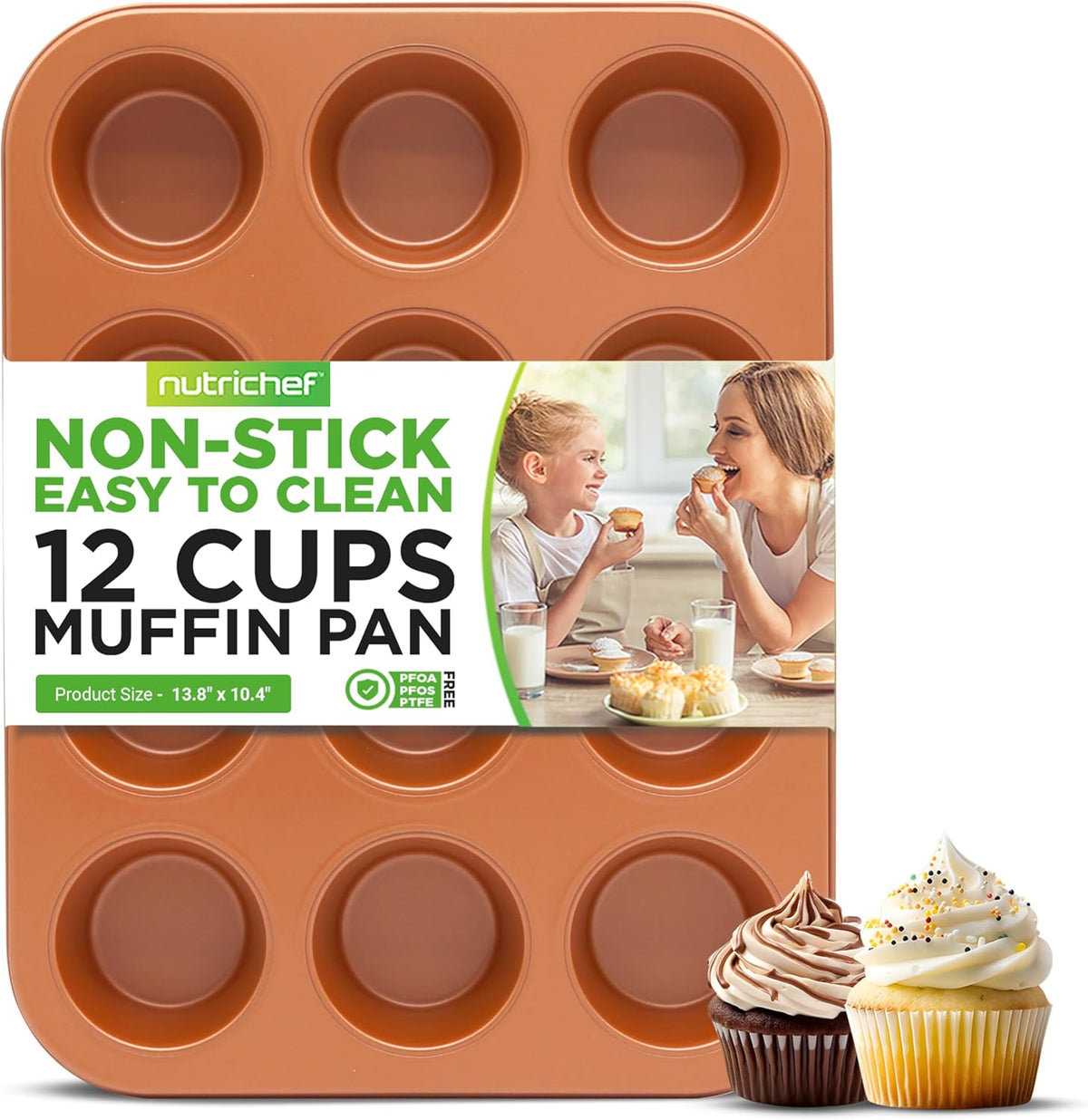 NutriChef 12-cup Copper Oven Muffin Pan, Non-Stick Coated Layer Surface, Even Heating Muffin Tray for Muffins, Cupcakes, Pastries & Mini Pies