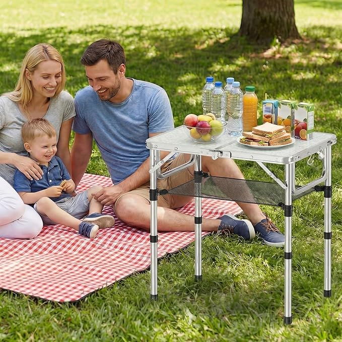 YihuiKo Small Folding Picnic Table with Storage Net, 3 Adjustable Heights 27.5" Aluminum Lightweight Portable Table with Carrying Handle for Camping Travel and Indoor