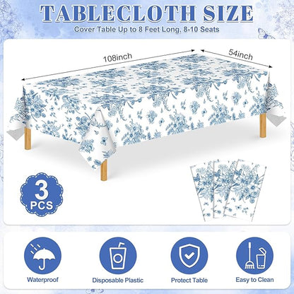 3 Pack Blue Floral Plastic Tablecloths, 54 X 108Inch Tea Party Tablecloth Disposable Table Cloths Blue and White Porcelain Tables Decor for Garden Wedding Tea Party Birthday Baby Bridal Shower