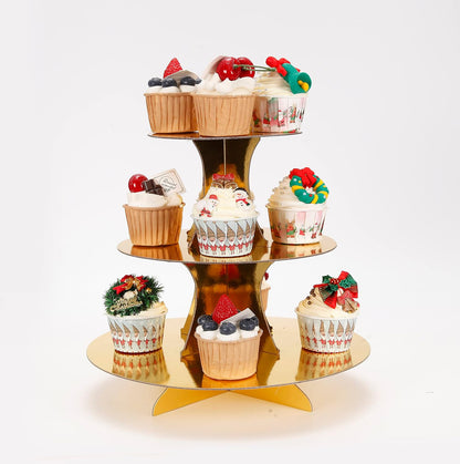 3-Tier Cupcake Stand, Gold Cardboard Cake Stand Holder, Tiered DIY Cupcake Stand Tower for Dessert Table Displays