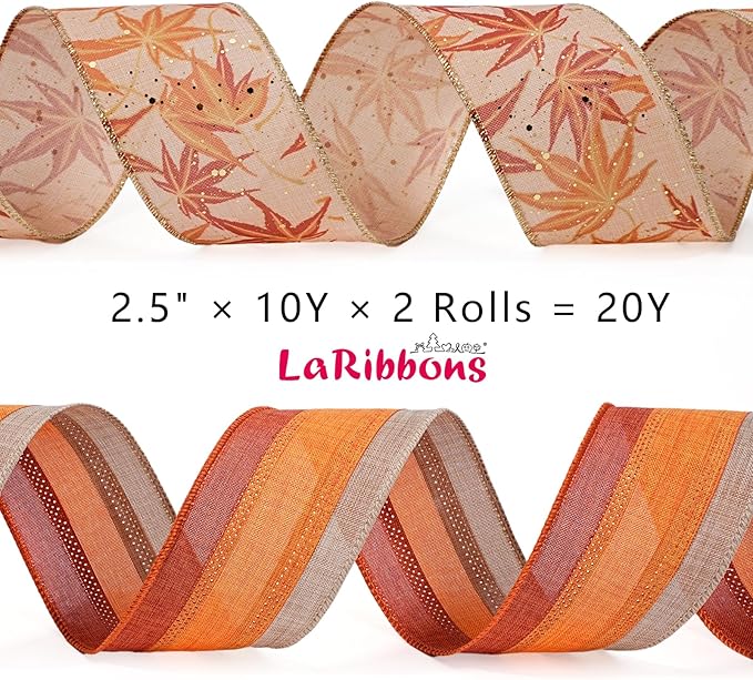 LaRibbons Fall Burlap Ribbon Wired 2 1/2" x 10 Yards 2 Rolls, Maple Leave Striped Ribbon for Autumn Wreath Thanksgiving Farm Gift Wrapping Home Decor